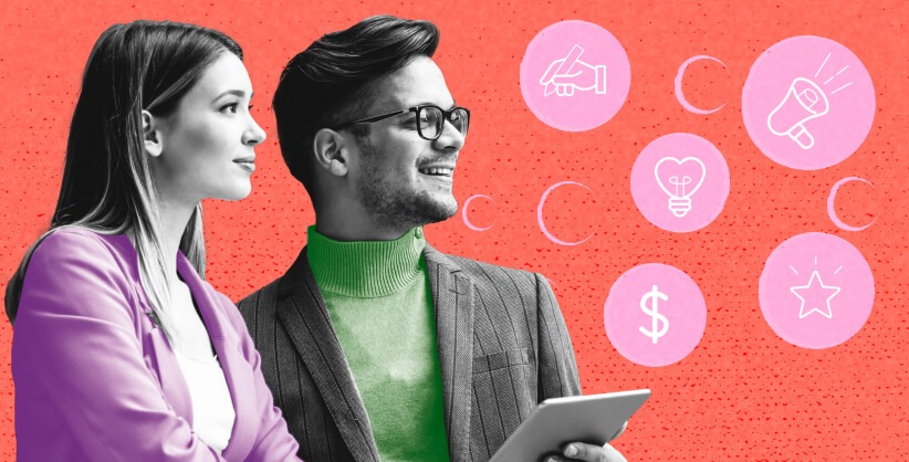 Stylized image of a woman and a man holding a tablet.