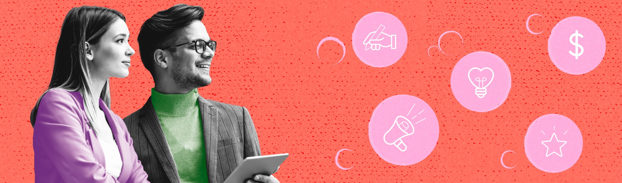 Stylized image of a woman and a man holding a tablet.